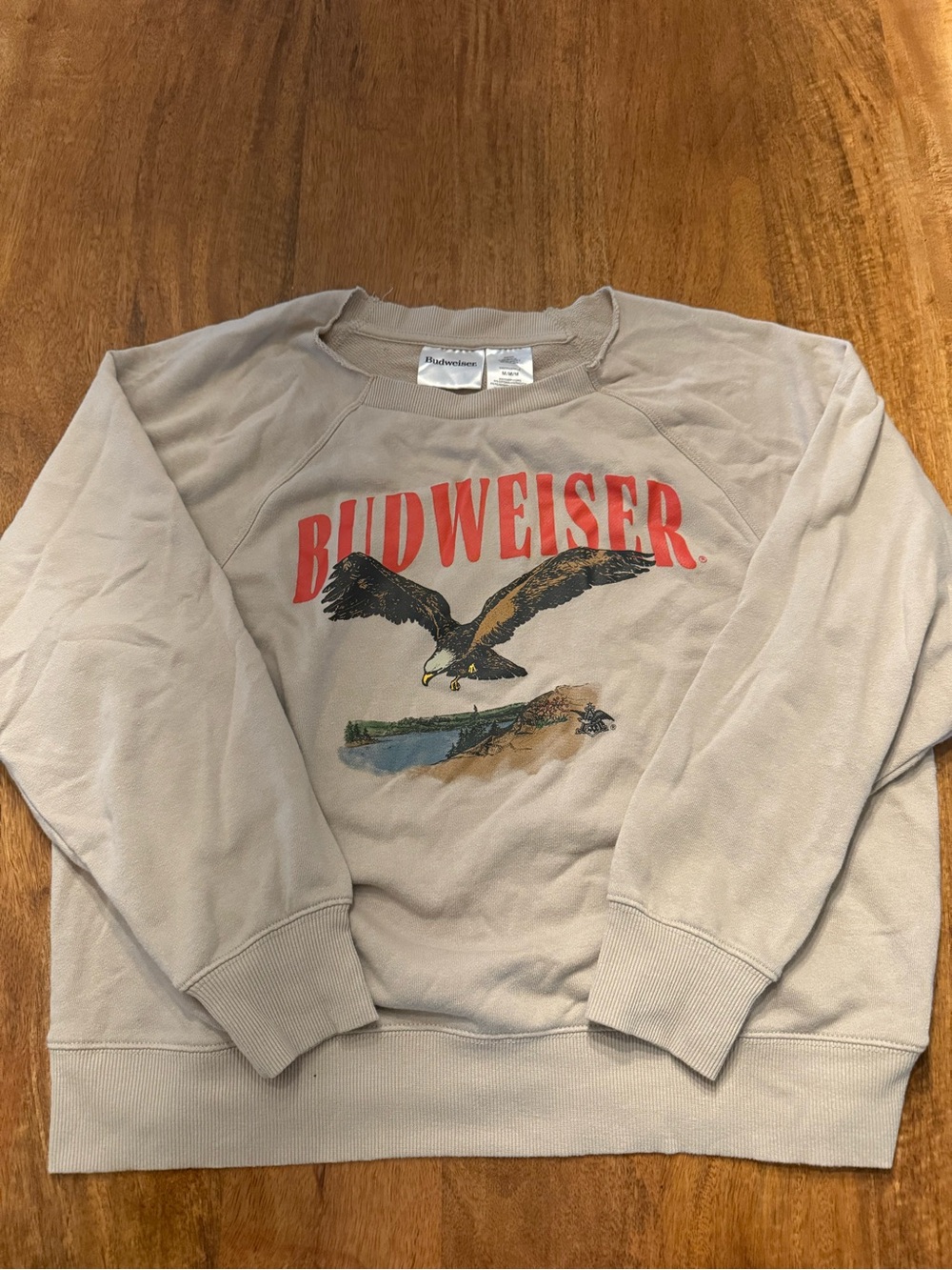 Budweiser Beige Crewneck Sweatshirt with Red Logo and Eagle Graphic